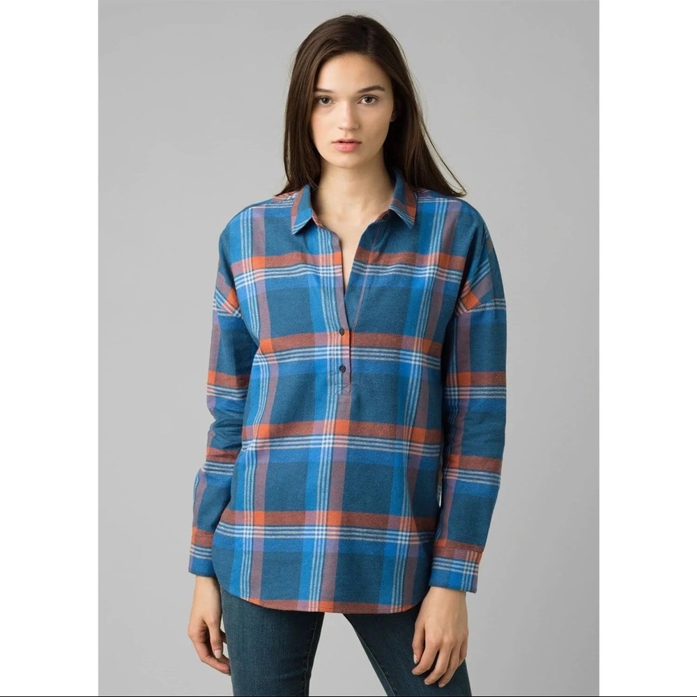 Prana Dante Organic Cotton Blend Admiral Blue Plaid Flannel Pullover Top XS